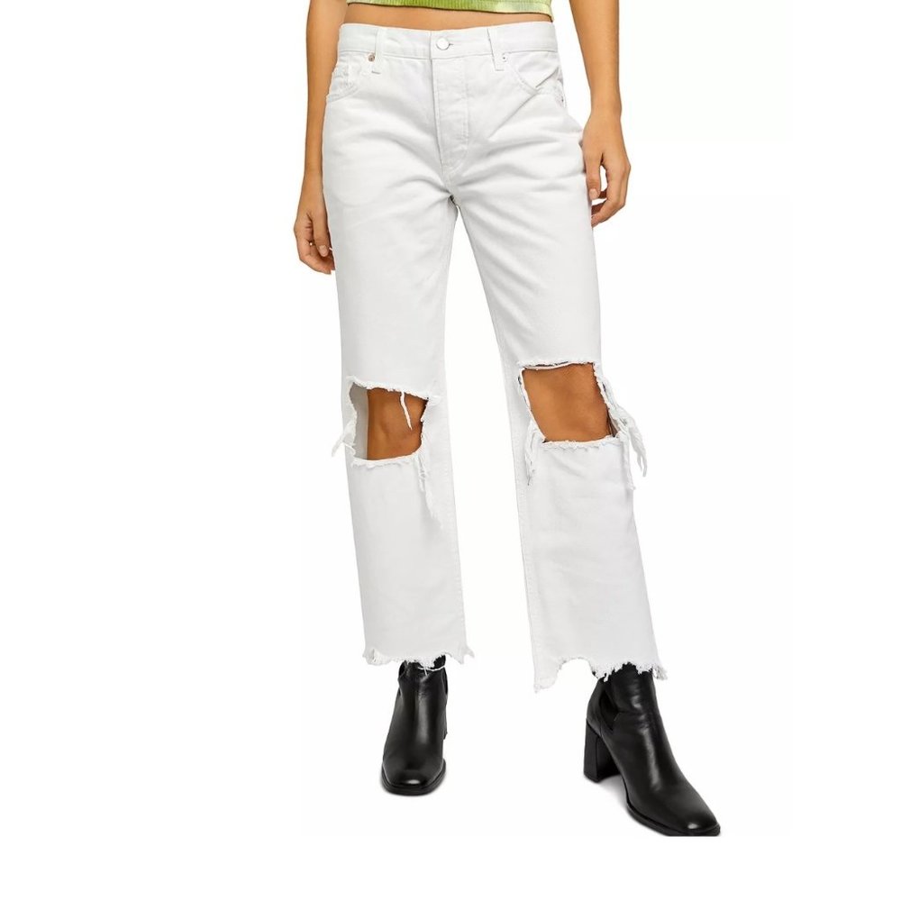 Free People Maggie Distressed Straight Leg Jeans White Size 32
